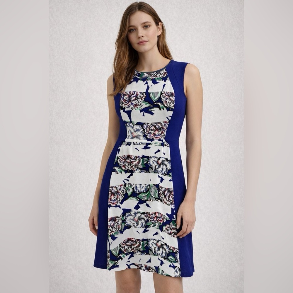 French Connection Floral Print Sleeveless Dress - Blue/White Sz 8